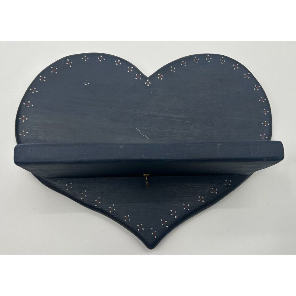 Vintage Blue Wooden Heart Cottagecore Trinket Shelf Wall Farmhouse